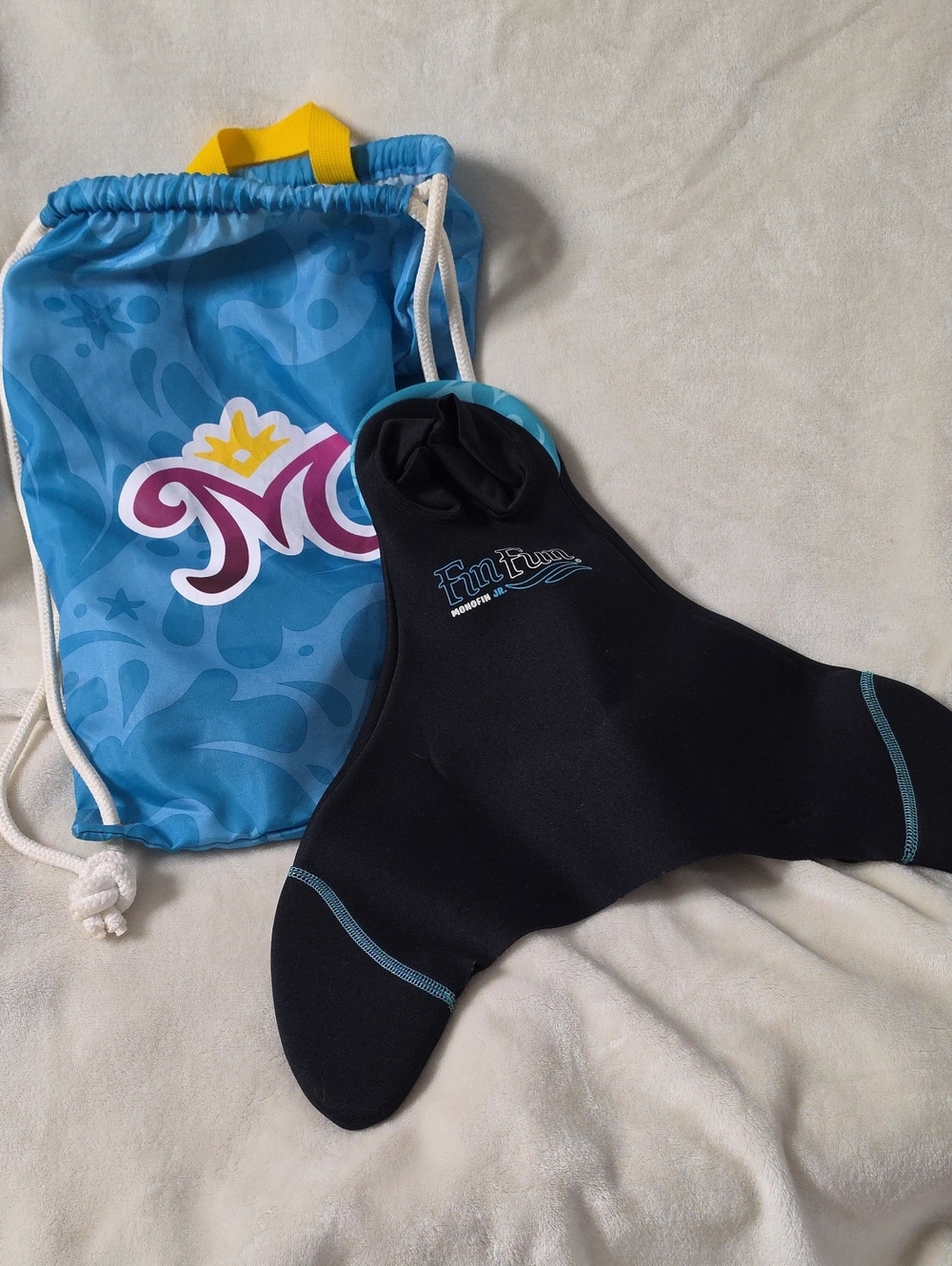 Fin FUN Mermaid Monofin Jr Black Mermaid Tail Sock with Blue Trim and Carry Bag